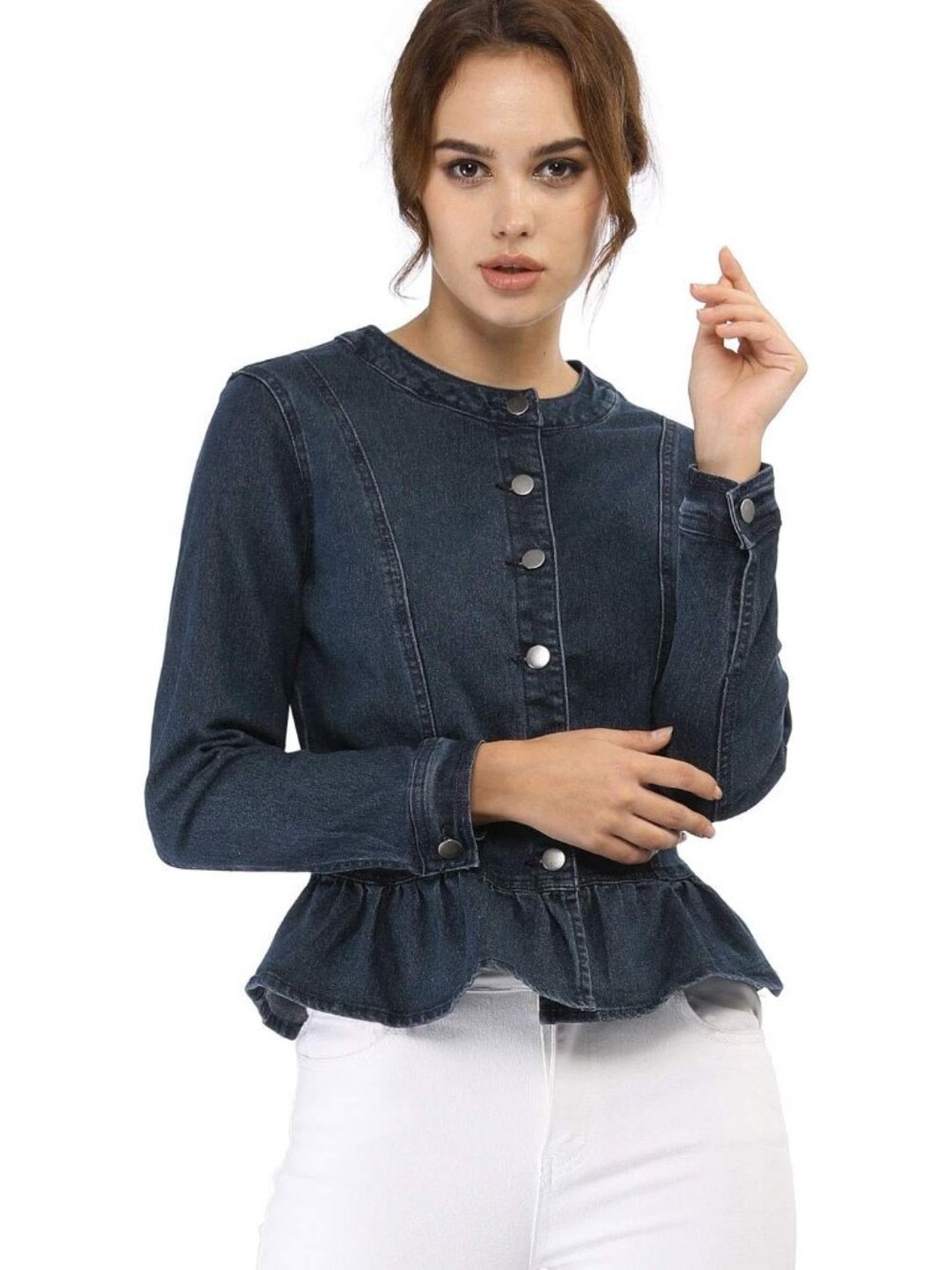 Women's Blue Denim Collarless Round Neck Button Down Cropped Ruffle Hem Jacket